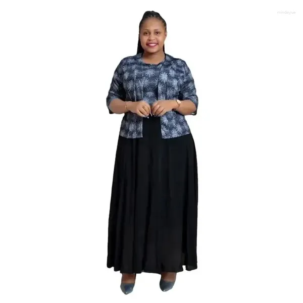 Ethnische Kleidung 2XL-6XL Plus Size Afrikanische Kleider für Frauen 2024 3/4 Ärmel Drucken Polyester Party Abend, Figurbetontes Kleid mit Mantel Outfit