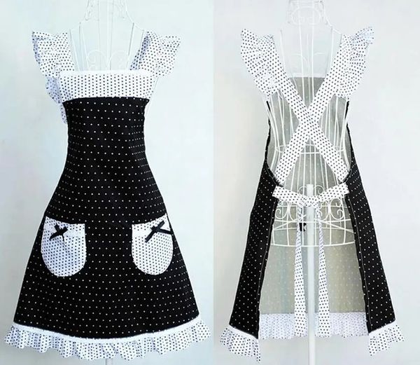 Кружевные черные и белые кухонные фартуки принцессы с оборками в горошек для женщин с карманами и перекрещенной спинкой 240111