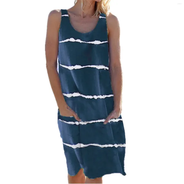 Casual Kleider Ärmellose Leibchen Kleid Gestreiften Druck Für Frauen 2024 Plus Größe Knielangen Tank Sommer Outfits Frau Kleidung