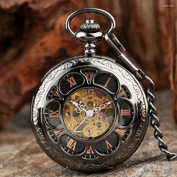 Relojes de bolsillo Reloj mecánico de calabaza hueca transparente para hombre, esfera con números romanos, reloj de cuerda manual con esqueleto de acero inoxidable