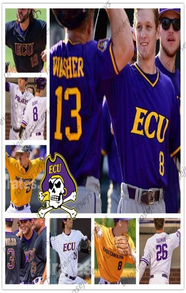 Custom East Carolina Pirates 2019 ECU Baseball Qualsiasi nome Numero Viola Bianco Nero Giallo 13 Jake Washer 8 Turner Marrone Uomo Gioventù J3655293