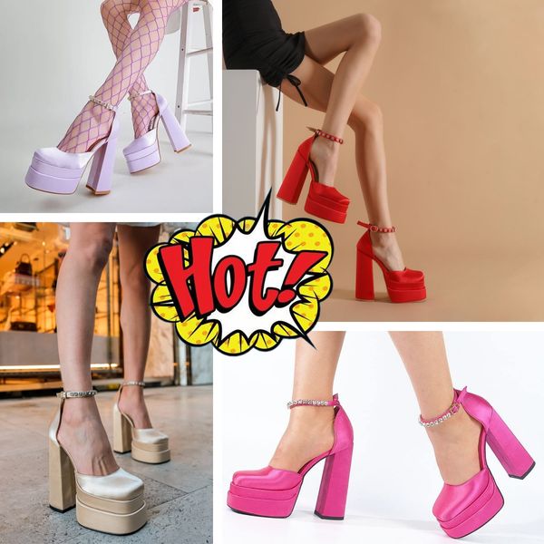 Sapatos de cristal-embelezados cetim plataforma dupla bombas grossas sandálias de salto alto mulheres designers de luxo vestido sapato calçado de noite tamanho grande