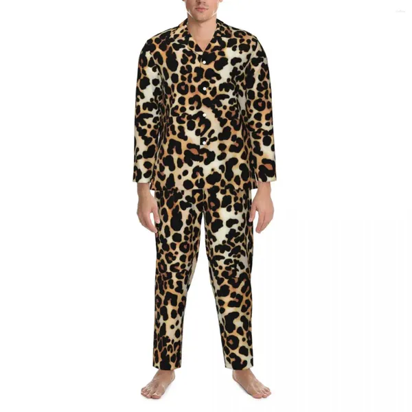 Masculino sleepwear clássico leopardo impressão pijama conjuntos na moda pele animal quente homens manga longa retro quarto 2 peças casa terno plus size