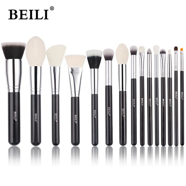 BEILI 15-teiliges schwarzes Premium-Ziegenhaar-Make-up-Pinsel-Set, großes Puder, Foundation, Rouge, Lidschatten, Konturliner, Make-up-Pinsel-Werkzeuge 240111