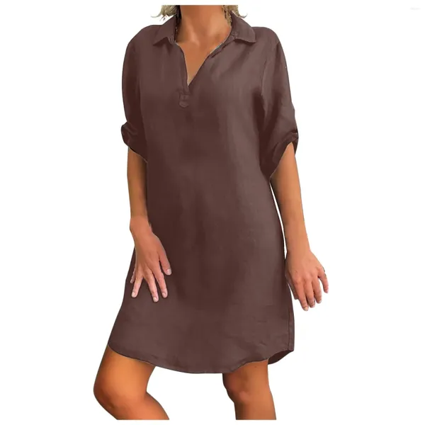 Casual Dresses Elegant Classy für Frauen 2024 Einfarbiges Baumwoll-Leinen-Kleid Turndown-Kragen Lose Halbarm-Hemd