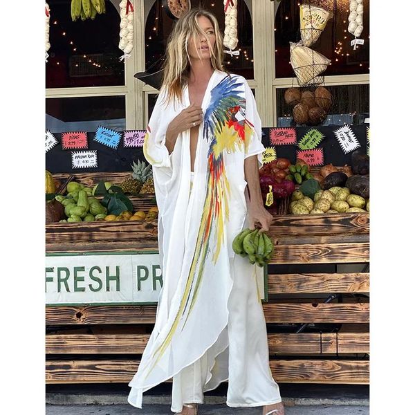 Cover-up novo vestido boêmio chiffon biquíni cobrir kaftan vestido branco plus size quimono beachwear impressão túnica para praia maiô cobrir