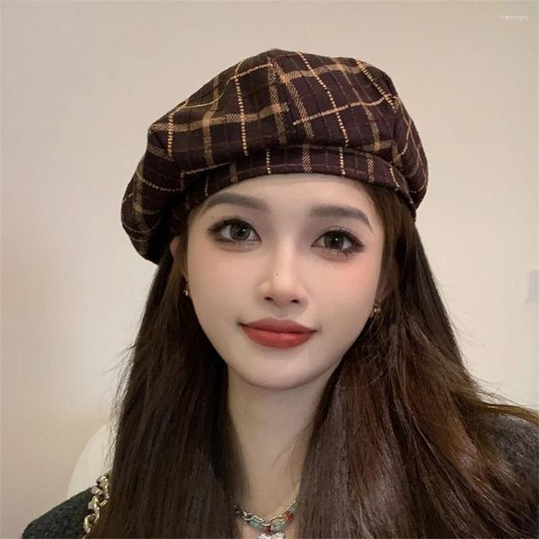 Berets Britânico Retro Xadrez Chapéu Outono e Inverno Coreano Pintor Casual Simples Boina Feminina de Lã