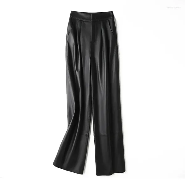 Pantaloni da donna 2024 Vera Pelle Primavera A Vita Alta Pelle di Pecora Sottile Sbalzato Tubo Dritto Temperamento Gamba Larga Pantaloni Lunghi