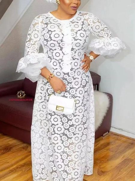Roupas étnicas Branco Africano Vestidos Elegantes para Mulheres Oco Out 2024 Moda Muçulmana Abayas Dashiki Robe Kaftan Long Maxi Vestido Uma Peça