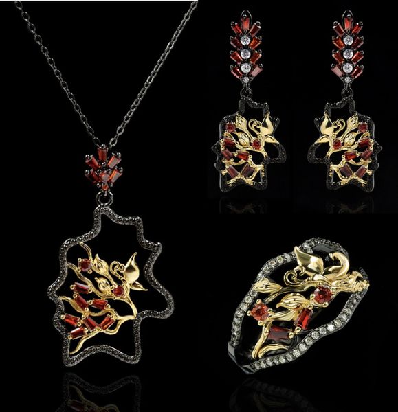 Conjuntos de 3 peças/conjunto feminino boêmio preto cor dourada brincos anel colar delicado pétalas de flores incrustações cz zircão conjunto de joias de casamento