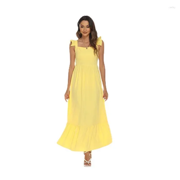 Vestidos casuais skmy verão 2024 senhoras vestido de noite sexy manga voadora cor sólida amarelo longo maxi para mulheres praia férias outfits