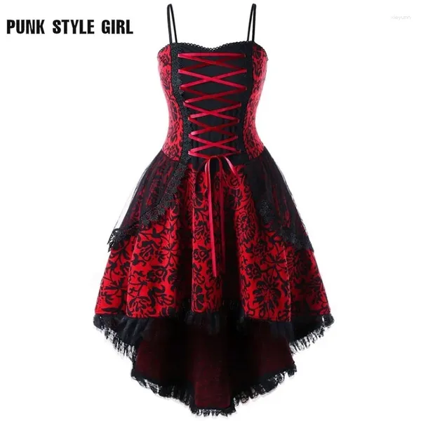 Abiti casual Rosso Nero Natale Vintage Pizzo Steampunk Abito da festa Spaghetti Cinghie Fasciatura Altalena irregolare Cosplay Custume Vacanza