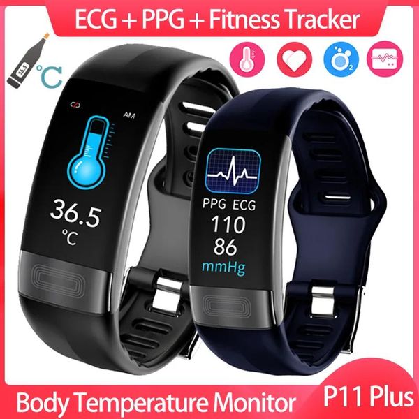 Dispositivi P11 Plus Smart Watch Bracciale fitness da uomo Smart Band ECG PPG SpO2 Smartwatch da donna Temperatura corporea Pressione sanguigna P11 Polsino