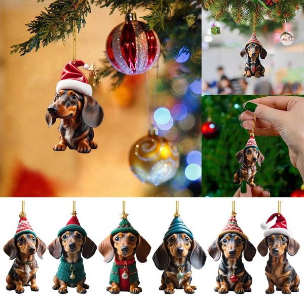 Decorações de Natal Decoração Divertido Dachshund Dog Car Pingente Acrílico Plana Interior Árvore