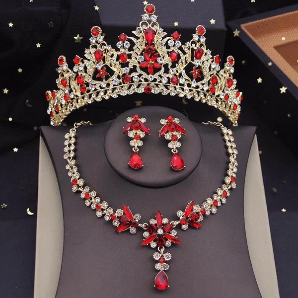 Display Goldfarben Rot Brautschmuck Sets für Frauen Tiaras Krone Halskette Ohrringe Set Hochzeitskleid Braut Kostüm Zubehör