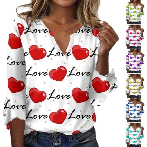 Camisetas para Mujer, Tops holgados informales con cuello en V, Camiseta estampada para el Día de San Valentín, camiseta acampanada de siete mangas, camisa ajustada para exteriores, Ropa De Mujer