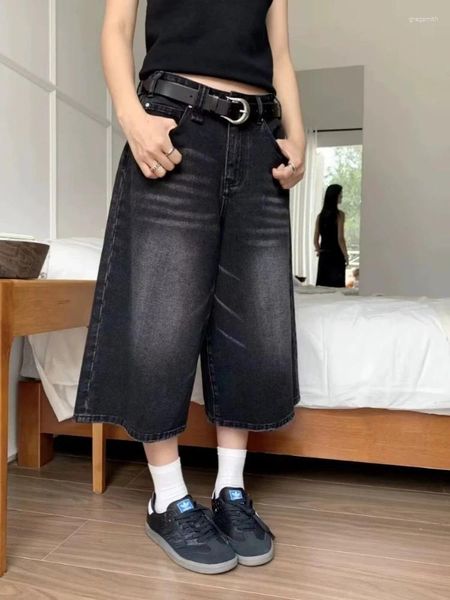 Calças femininas estilo chinês preto denim outono vintage cintura alta bezerro comprimento y2k e-girl solto reto perna larga