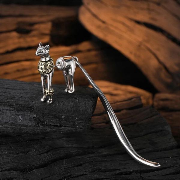 Ohrringe 1 Stück 925 Sterling Silber Kontrast Gold Farbe Pharao Katze Ohrstecker für Damen Herren Mode Persönlichkeit Vintage Design Schmuck