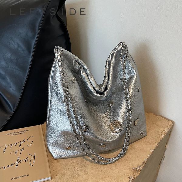 LEFTSIDE Y2K Große Kette Umhängetaschen für Frauen Koreanische Mode Dame Weibliche Silber PU Leder Schulter Tasche 2023 Trend Handtaschen 240110