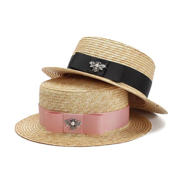 Женская соломенная шляпа-лодочка из натуральной пшеницы Fedora, топ на плоской подошве для взрослых, летние пляжные соломенные шляпы с лентой для отдыха и отпуска