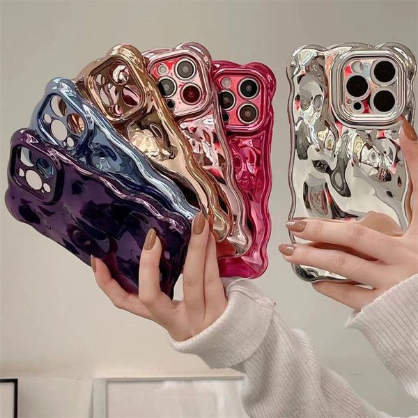 Luxe Plating Rimpel Golvend Krullend Rand Telefoon Case Voor iPhone 15 11 12 13 14 Pro Max 3D Oneffenheden Zachte camera Bescherming Cover 30pcs