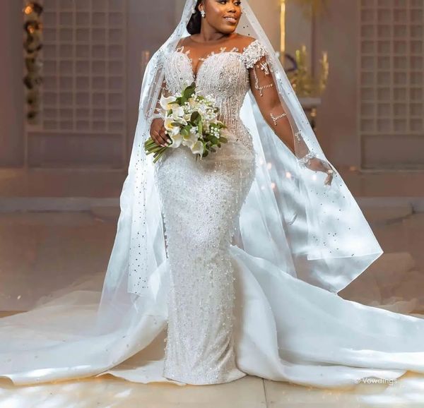 Requintado sereia vestidos de casamento mangas compridas decote em v lantejoulas diamantes pérolas penas 3d renda sexy vestido de noiva personalizado