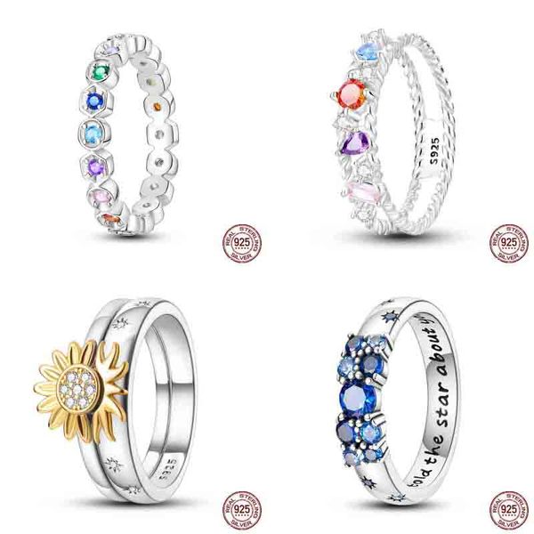 Anéis coloridos de arco-íris cz para mulheres, prata esterlina 925, estrela, lua, sol, brilho, anéis brilhantes, zircônia cúbica, joias requintadas, presentes