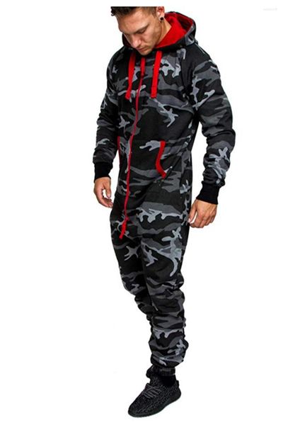 Erkek Trailtsits 2024 Mens Onesie Tulum Pijamaları Uzun Kollu Swearpants Kamuflaj Ekleme Sonbahar Kış Gündelik Hoodie Erkek fermuar