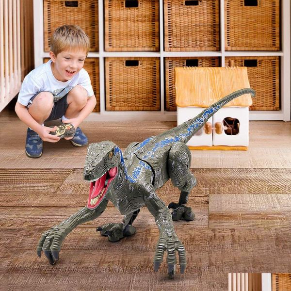 Elektrische/RC-Tiere, Fernbedienung, Tier-Dinosaurier-Spielzeug, 3D-Augen, Laufroboter, LED-Leuchten, brüllendes 2,4-GHz-Simulation, Velociraptor, Rc D Dhibk