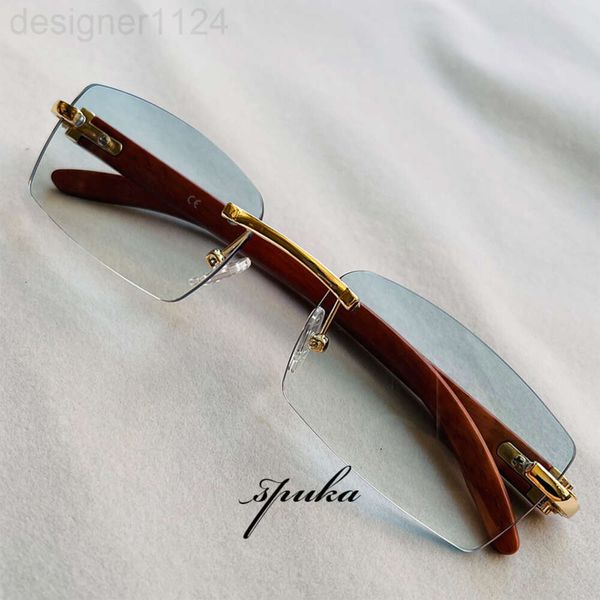 SPUKA #7533 Retro Quadratische Randlose Sonnenbrille Männer Frauen Vintage Holz Look Mode Sonnenbrillen