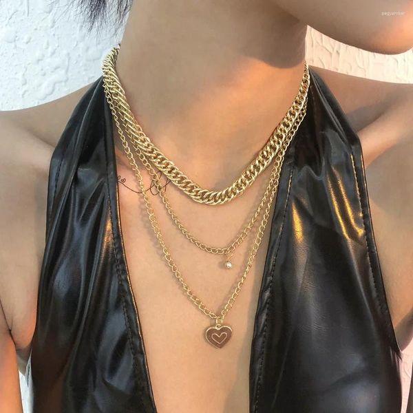 Anhänger Halsketten Vintage Gold Farbe Punk Kette Halskette Für Frauen Weibliche Mode Multilevel Kristall Perlen Öl Tropfen Rotes Herz Schmuck Geschenk
