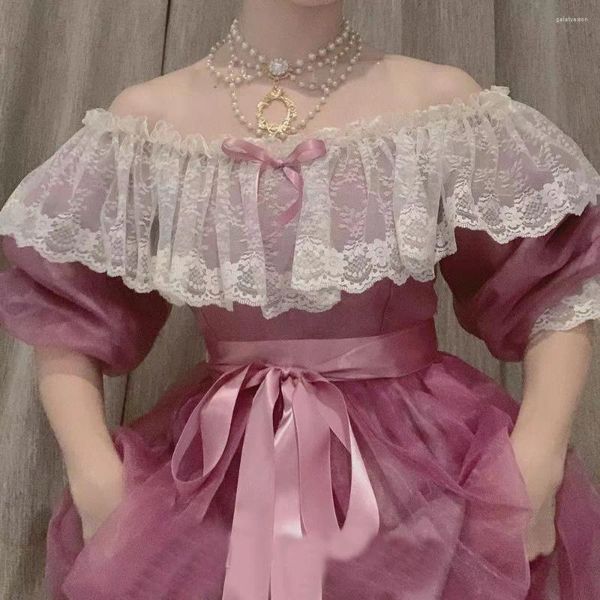 Vestidos de festa verão retro lolita vestido de princesa mulher vintage violeta organza renda slash neck puff manga lindo vestido longo real