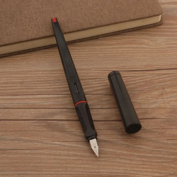 Modischer schwarzer Füllfederhalter, rot, großer Clip, Kunststoff, langer Körper, 038 mm, 05 mm gebogene Spitze, Tintenstifte, Bürobedarf, Schreibwaren 240111