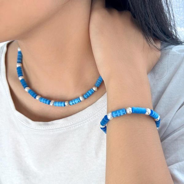 Collana e orecchini Set USENSET Perla d'acqua dolce naturale Opale blu Catena di gioielli Giunto di bambù Lusso fatto a mano per le vacanze in acciaio inossidabile