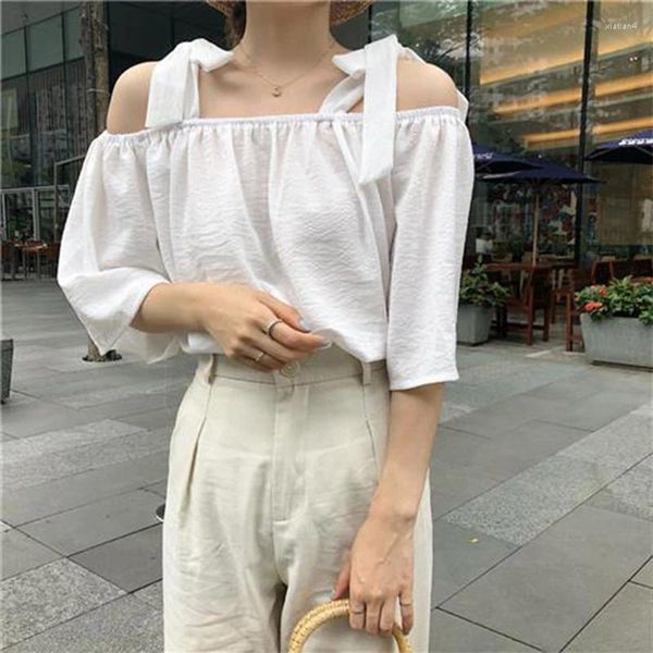 Blusas femininas primavera verão estilo camisa cor sólida meia manga laço acima do ombro elegante coreano topos dd8575