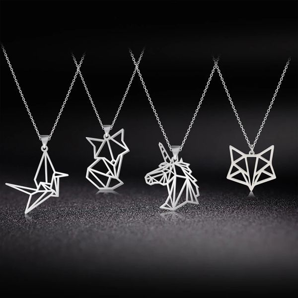 Origami Einhorn Fuchs Kranich Anhänger Halskette Frauen Mädchen 14K Weißgold Tier Halsband Halskette Halsketten Schmuck Geschenk