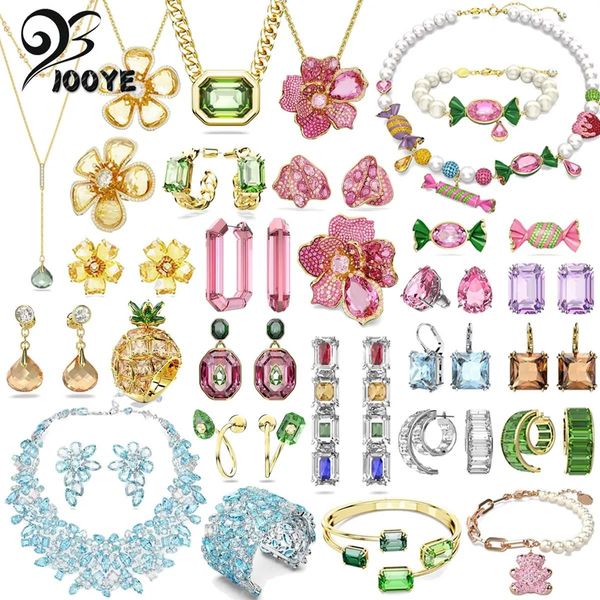 Наборы с оригинальным логотипом, комплект ювелирных украшений, очаровательный розовый цветок, зеленый геометрический кристалл, модное ожерелье Millenia, браслет, серьги для женщин