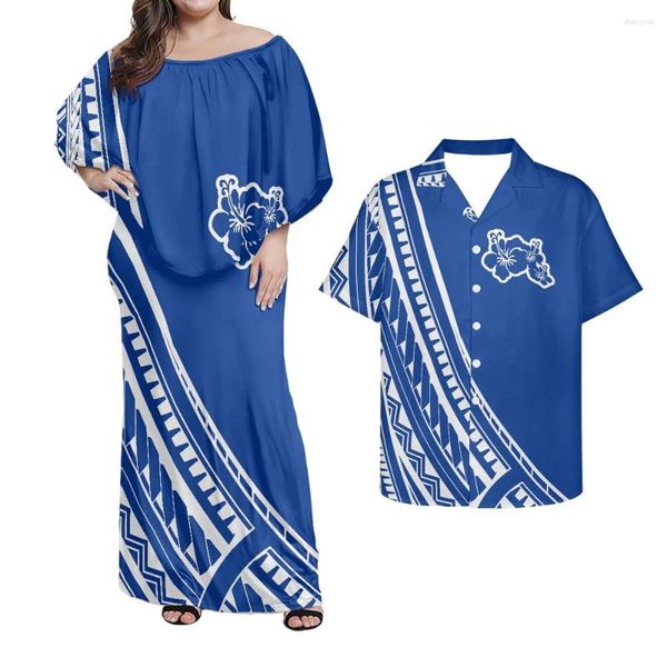 Lässige Kleider Blaue polynesische Paaranzüge Kleidung Elegantes langes Damenkleid Passende hawaiianische bedruckte Outfits für Männer Guayabera Cuban