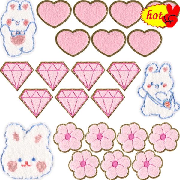 10 pezzi / lotto toppe per abbigliamento termoadesive all'ingrosso ciniglia cuore diamante simpatico coniglio fiore cucire ricamato pacchetto per bambini ragazze