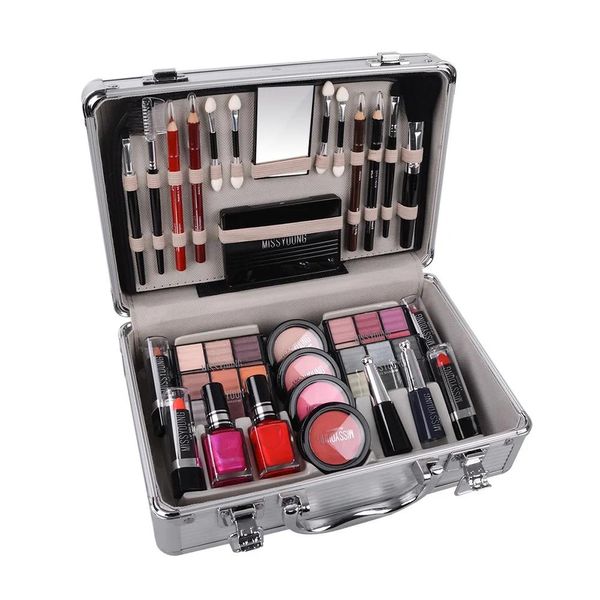 Set Set trucco professionale Pennelli Palette di ombretti Scatola in alluminio Mosituizer Blush Rossetto Lucidalabbra Mascara Matita labbra Smalto per unghie