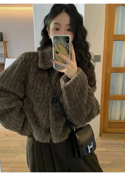 Damenjacken Vintage abgeschnittener Kunstpelzmantel Damen Eleganter Stehkragen Kurzer Flauschiger Winter Streetwear Koreanischer Plüsch-Outwear-Mantel