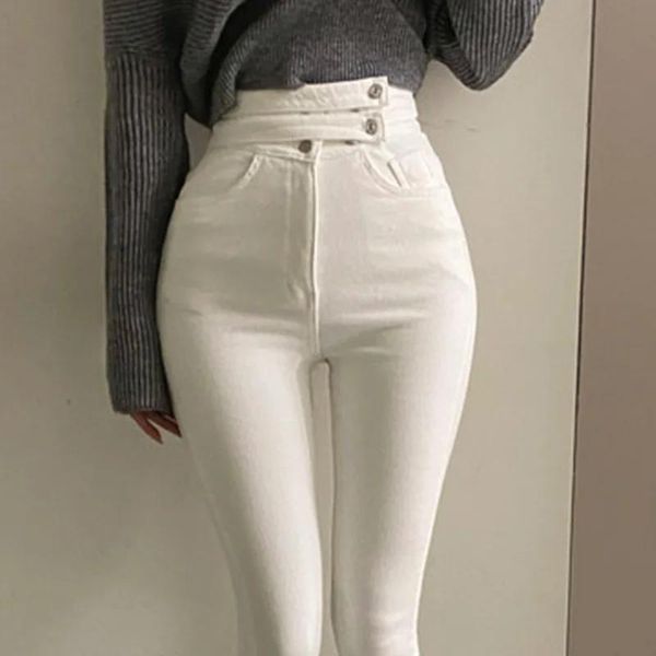 Jeans White Skinny Jeans Women Chic Street 2023 Primavera High Wistist