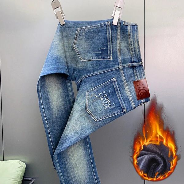 Jeans masculinos moda simples e combinando outono inverno roupas qualidade retro azul clássico calças finas