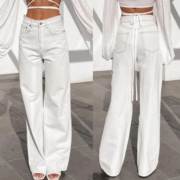 Calças de brim moda feminina jeans sólido branco perna larga em linha reta cintura alta calças femininas simples design decente casual mulher calças temporadas