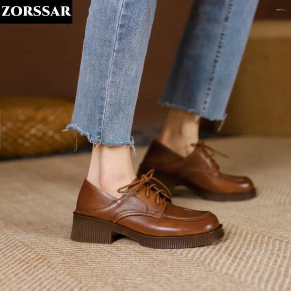 Scarpe eleganti Mocassini da donna marroni Mocassini in vera pelle con tacco spesso Studente femminile Stringata Stile britannico Lady Oxford Calzature