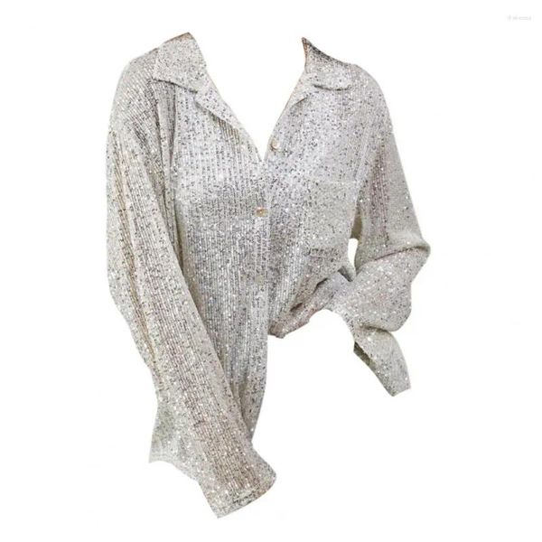 Camicette da donna Cardigan con risvolto superiore con paillettes alla moda per donna Camicia da club in tinta unita morbida e morbida per prestazioni brillanti Her