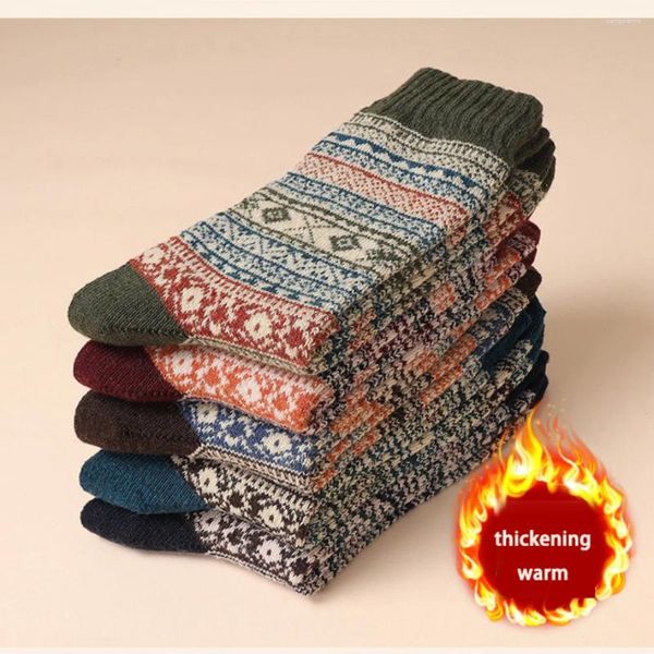 Herrensocken, 5 Paar, Retro, dicker Faden, lang, für Herbst und Winter, warm, verdickt, Ethno-Stil, Totem, mittlere Länge