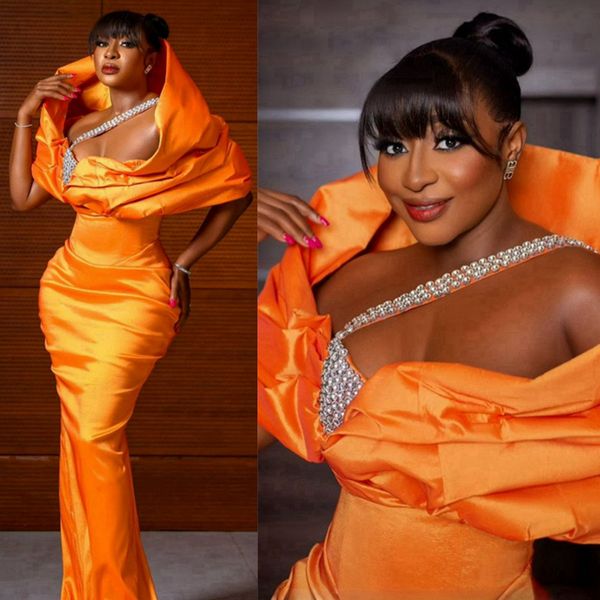 Vestidos de baile de cetim laranja para mulheres negras Nigéria Africano frisado sereia vestidos de noite elegante vestido de festa de aniversário segundo vestidos de recepção vestido de jantar NL488
