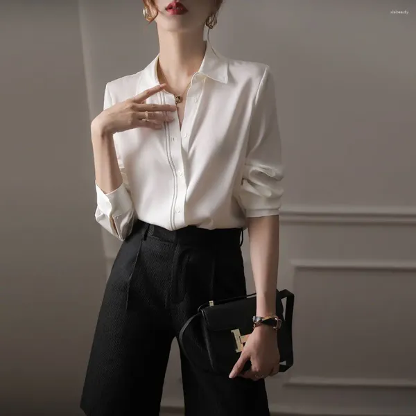 Blusas femininas roupas finas elegantes camisa feminina blusa de cetim para mulheres formal seda branca com mangas roupas de escritório usar para trabalhar