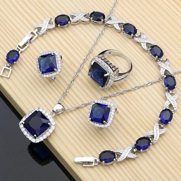 Sets 925 Silber Schmuck Sets Quadratischen Blauen Saphir Kostüm für Frauen Hoop Ohrringe Ringe Armband Halskette Set Dropshipping